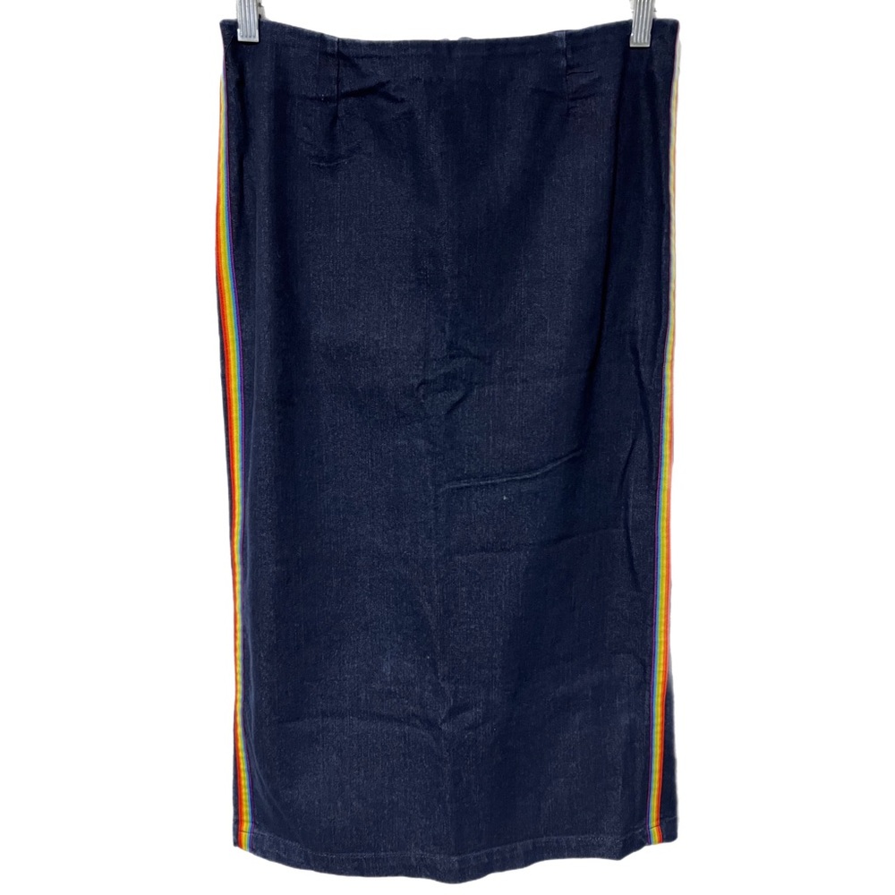 Navy Midi Pencil Skirt with Rainbow Side Stripes